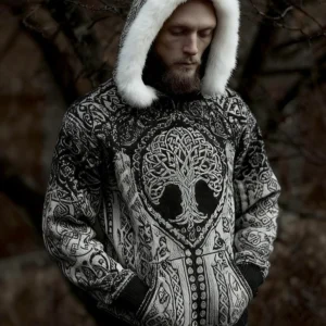 Men's Viking Tree of Life Inspired Fur Trim Hooded Sweater