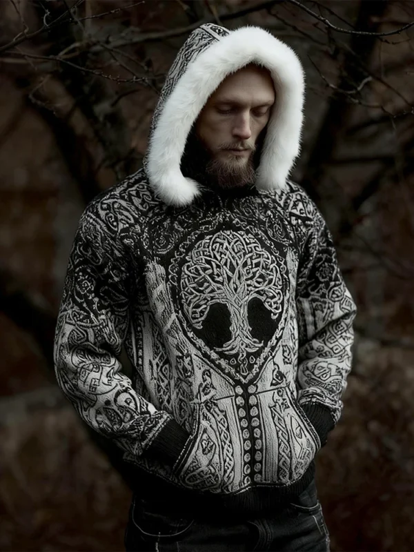 Men’s Viking Tree of Life Inspired Fur Trim Hooded Sweater