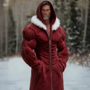 Men's Vintage Line Art Christmas Knit Fuzzy Zip-Up Mid-Length Hooded Cardigan