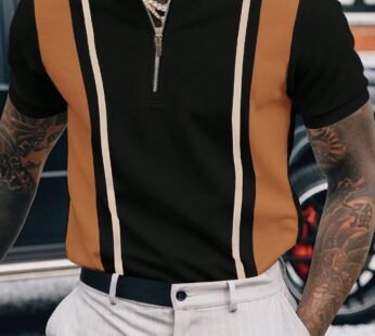 Men’s Zipper Short Sleeve Polo Shirt – Slim Fit Color Block Business Casual Style
