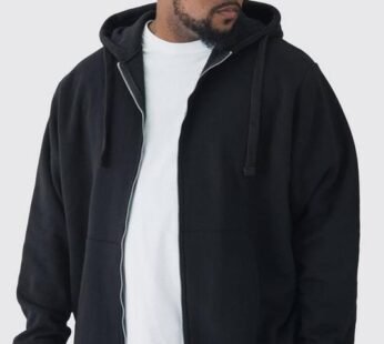 330GSM Plus Regular Fit Zip Through Hoodie in Black