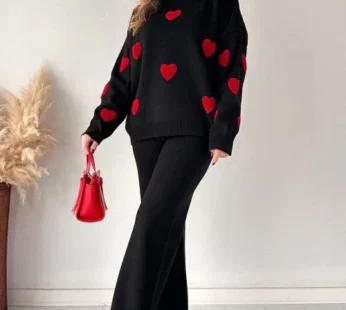 Women’s Winter Heart Printed 2 Piece Co-Ord Set – Black