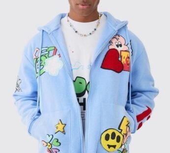 Oversized Zip Through Puff Print Spray Hoodie