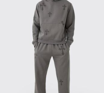 Regular Fit Cross Printed Hooded Tracksuit
