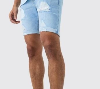Skinny Stretch Distressed Denim Shorts In Light Blue